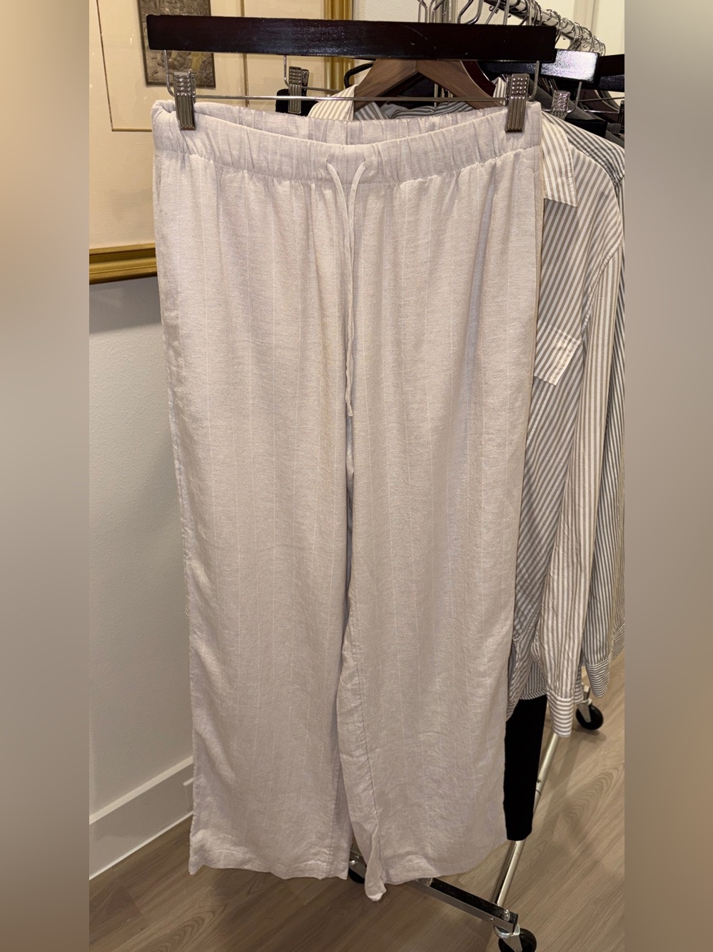 Sontag The Group Matte Pearl White Stripe Linen Viscose Wide Leg Pants Sz M
